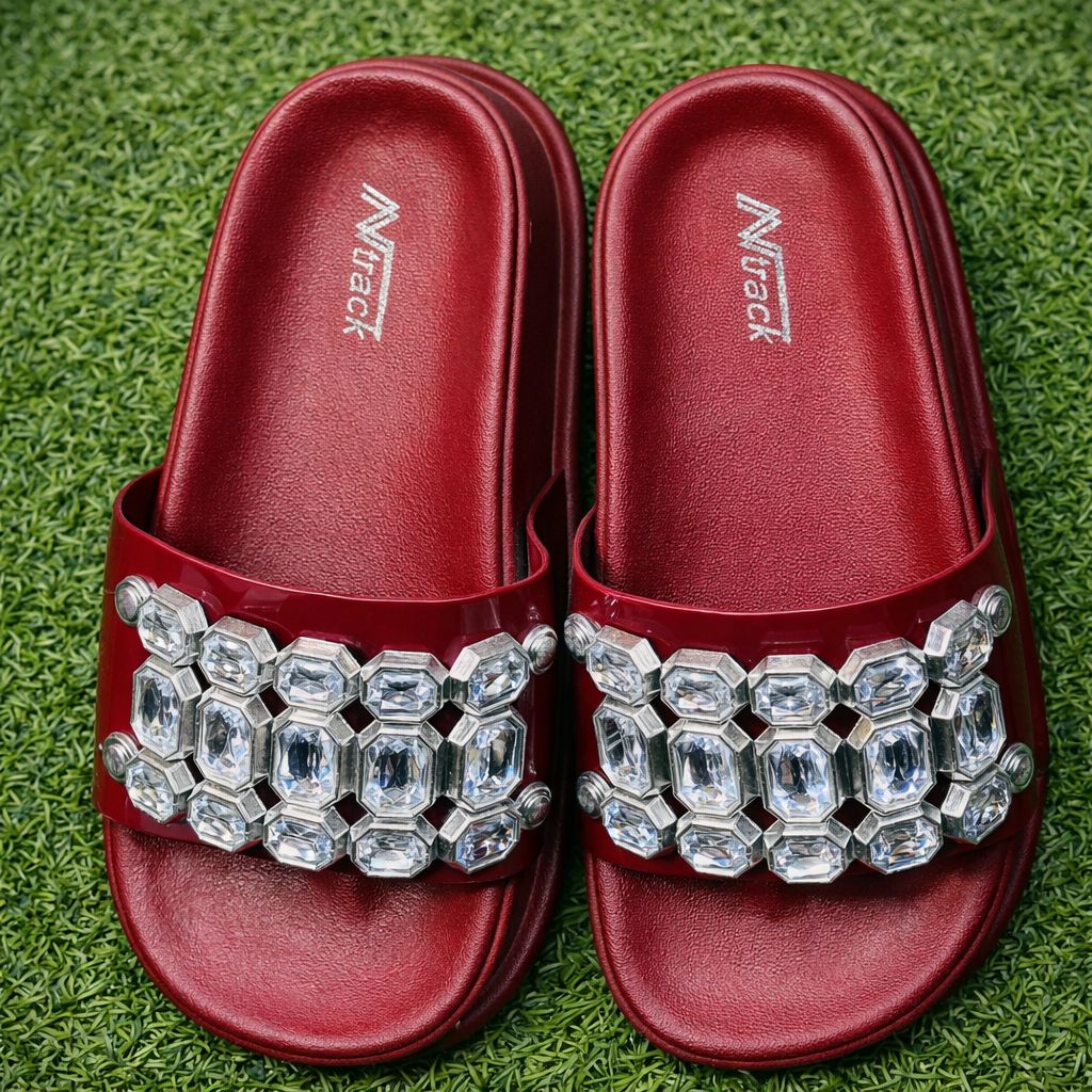 NTrack Luxury Crystal Slides – Maroon Elegant Women Sandals